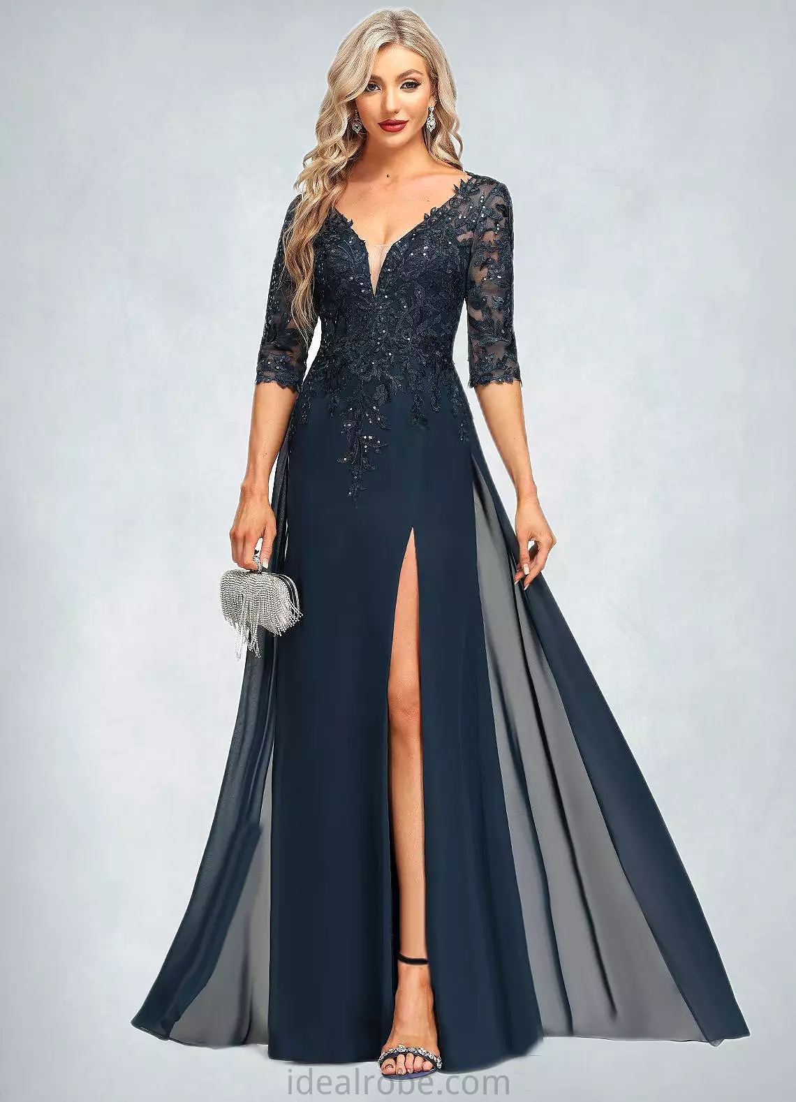 Nayeli Sheath/Column V-Neck Floor-Length Chiffon Lace Mother of the Bride Dress With Sequins STKP0021643