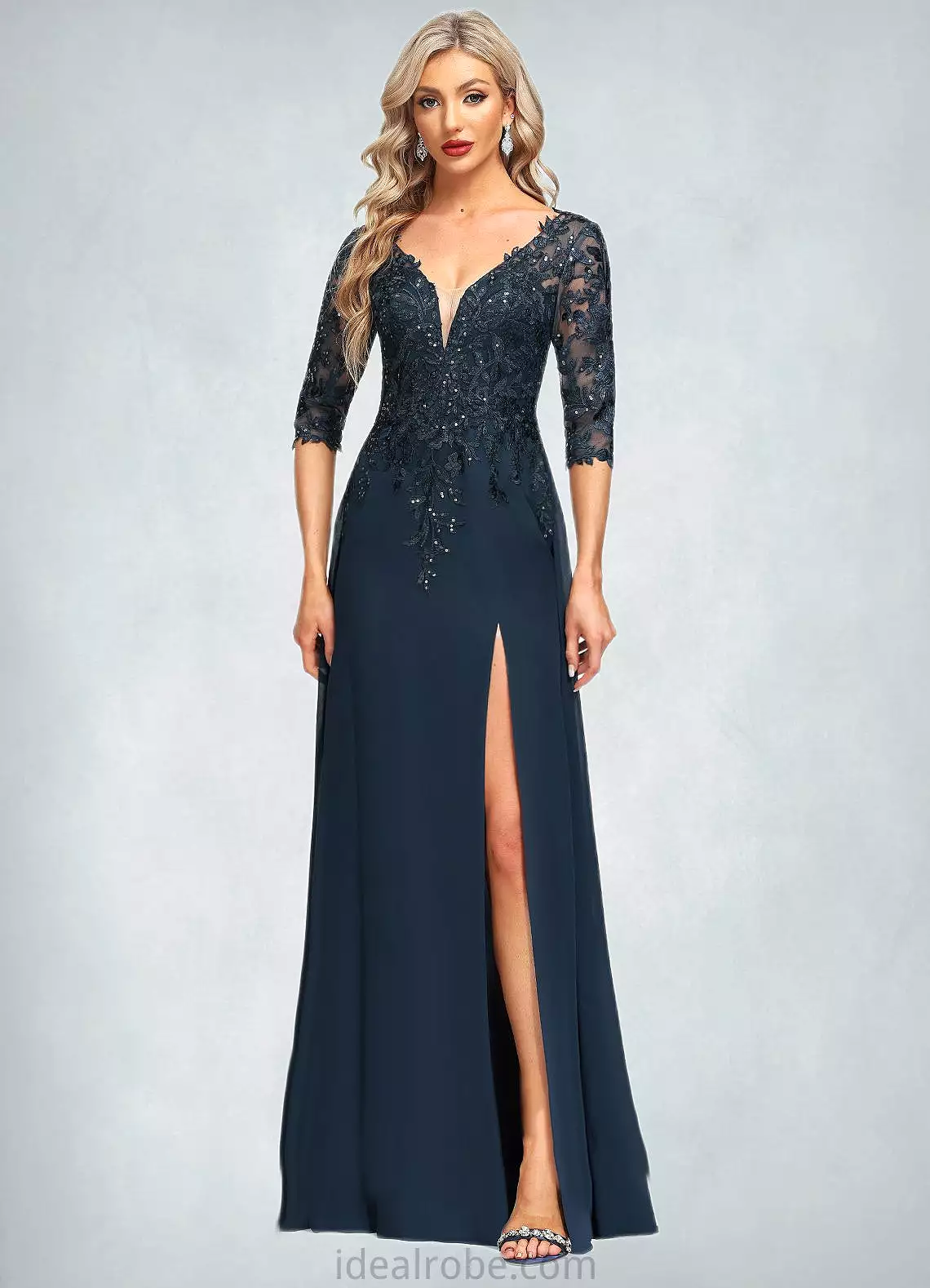 Nayeli Sheath/Column V-Neck Floor-Length Chiffon Lace Mother of the Bride Dress With Sequins STKP0021643