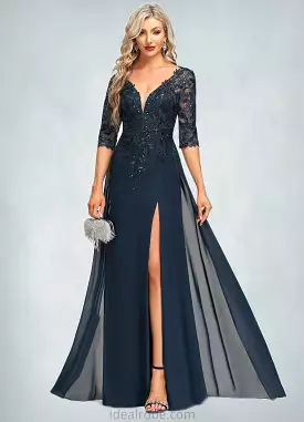 Nayeli Sheath/Column V-Neck Floor-Length Chiffon Lace Mother of the Bride Dress With Sequins STKP0021643