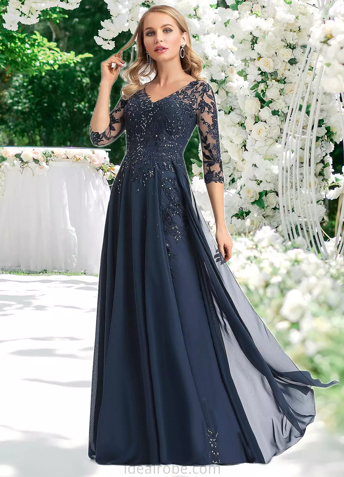 Olga A-line V-Neck Floor-Length Chiffon Lace Mother of the Bride Dress With Sequins STKP0021624