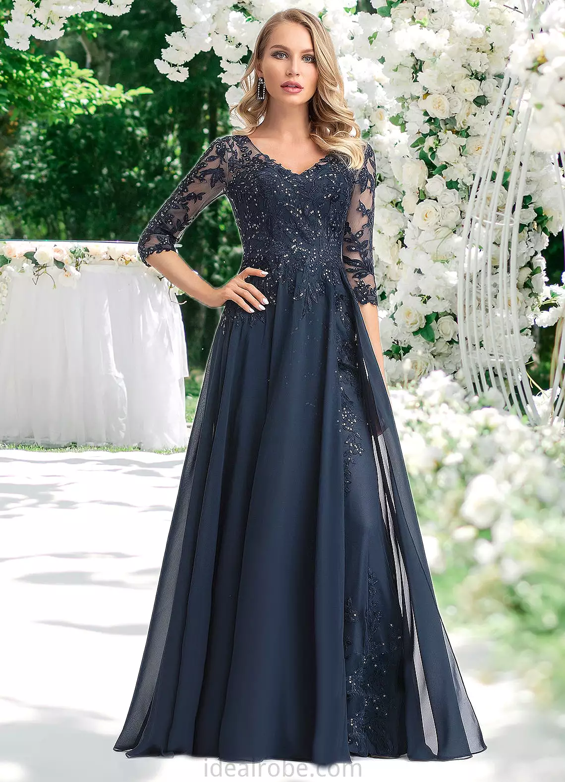 Olga A-line V-Neck Floor-Length Chiffon Lace Mother of the Bride Dress With Sequins STKP0021624