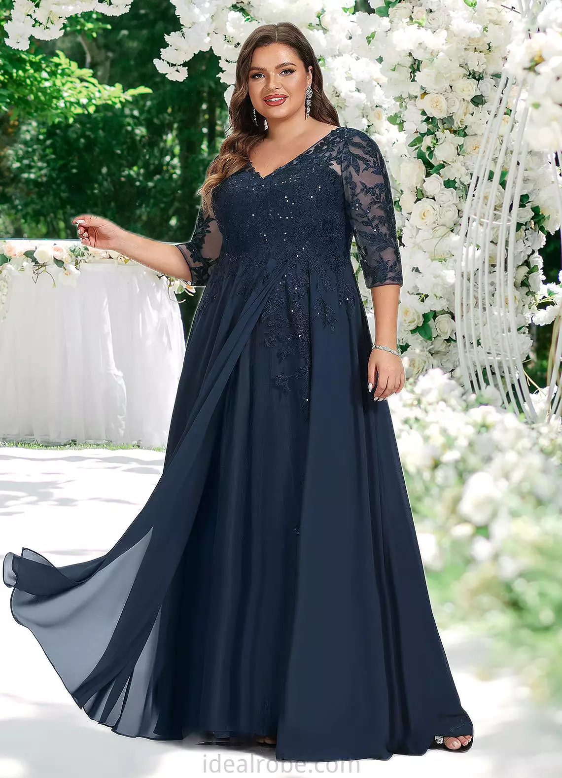 Olga A-line V-Neck Floor-Length Chiffon Lace Mother of the Bride Dress With Sequins STKP0021624