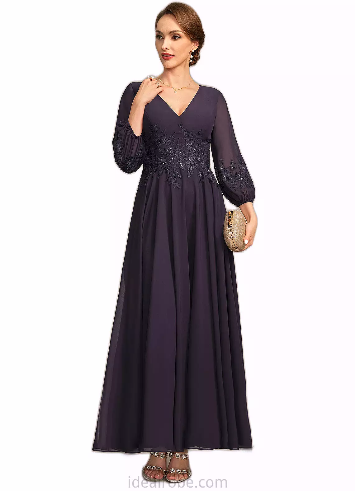 Olive A-line V-Neck Ankle-Length Chiffon Lace Mother of the Bride Dress With Sequins STKP0021655