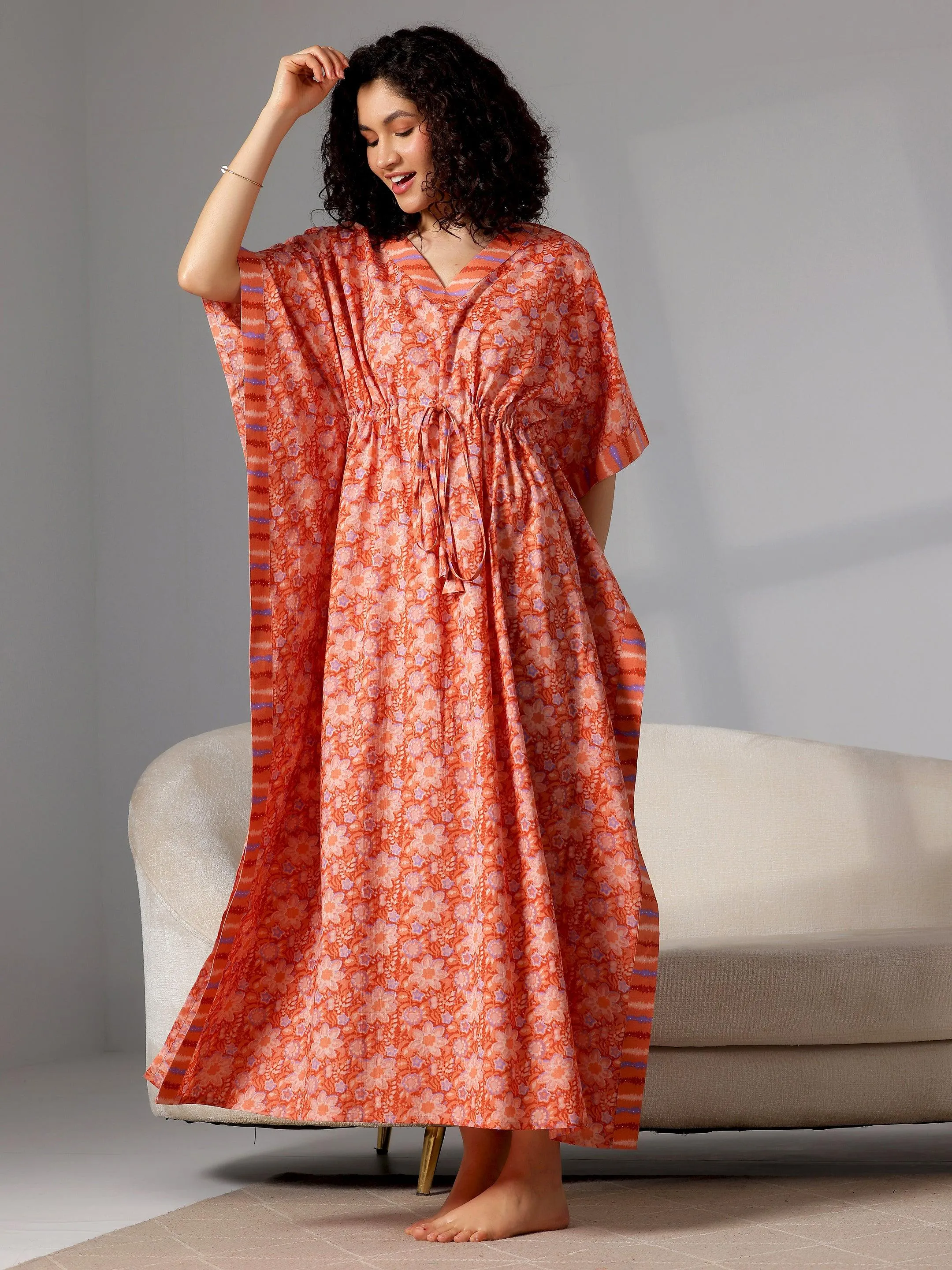 Orange Printed Cotton Kaftan Night Dress