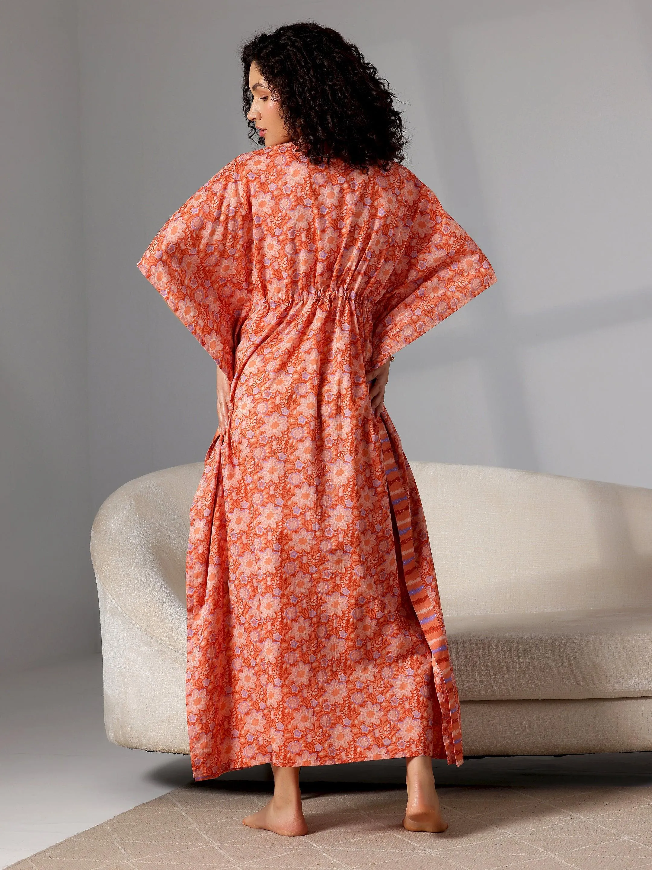 Orange Printed Cotton Kaftan Night Dress