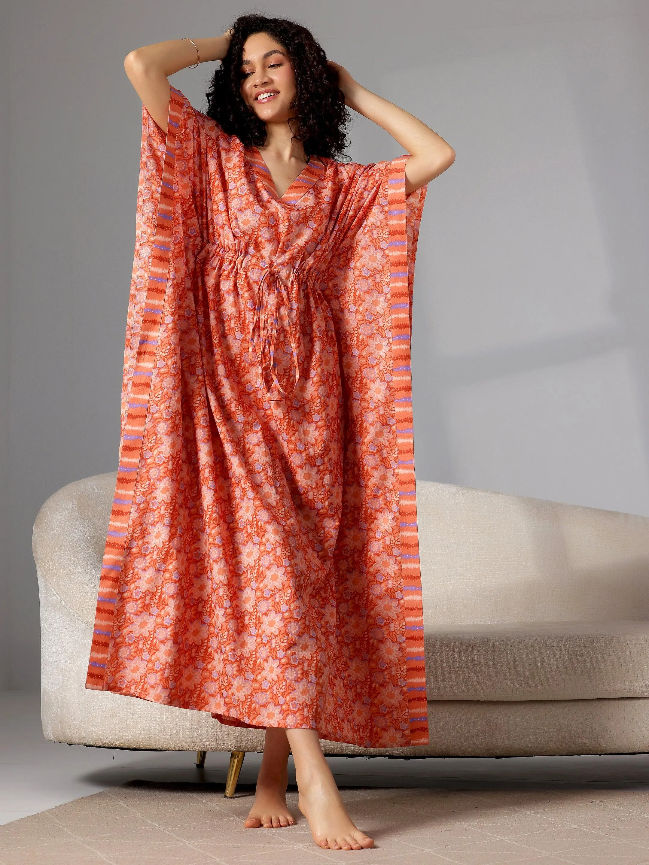 Orange Printed Cotton Kaftan Night Dress