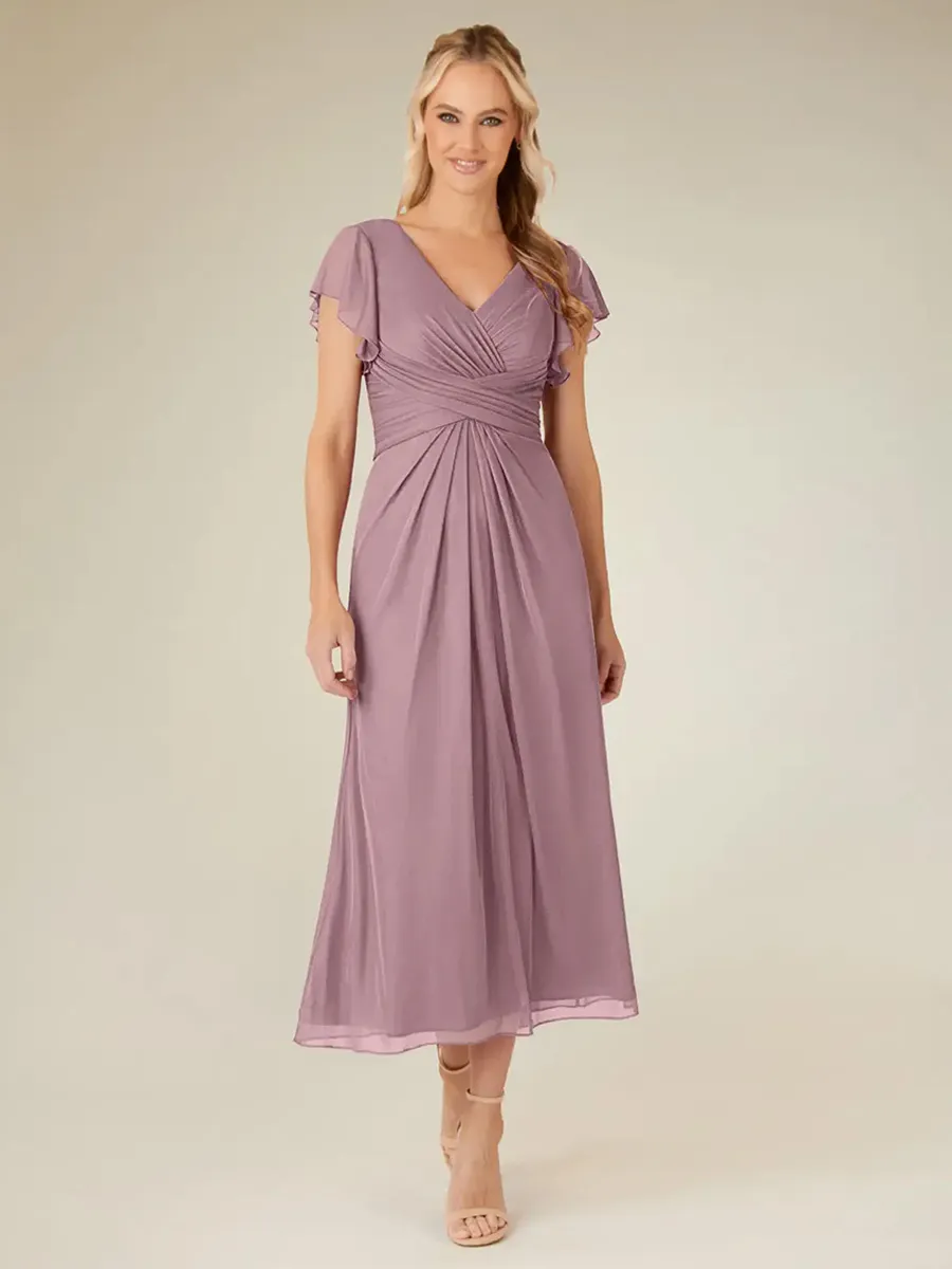 Party Dress For Mother Of The Bride V-Neck Short Sleeves A-Line Pleated Tea-Length Wedding Guest Dresses