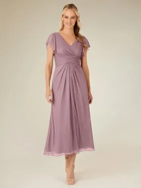 Party Dress For Mother Of The Bride V-Neck Short Sleeves A-Line Pleated Tea-Length Wedding Guest Dresses