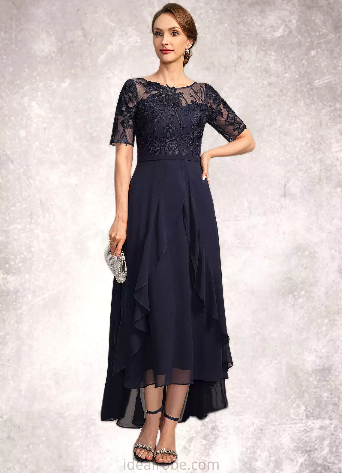 Paulina A-line Scoop Illusion Asymmetrical Chiffon Lace Mother of the Bride Dress STKP0021725