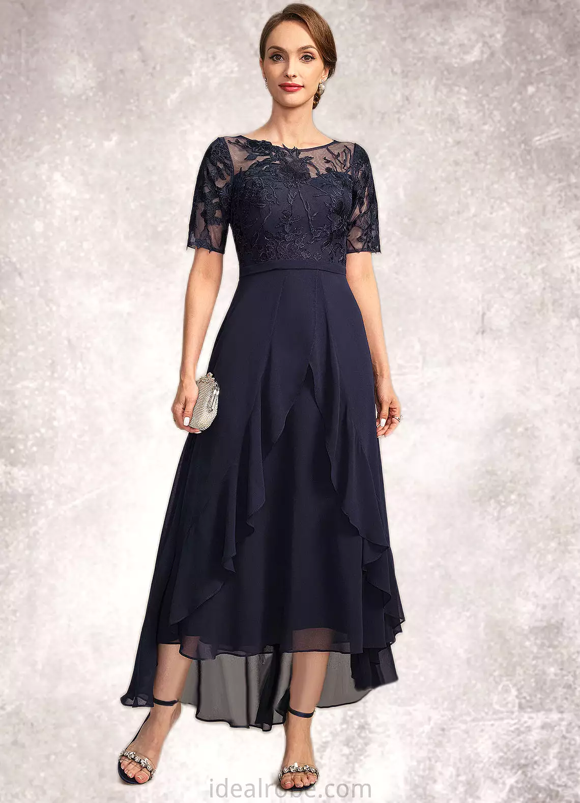 Paulina A-line Scoop Illusion Asymmetrical Chiffon Lace Mother of the Bride Dress STKP0021725