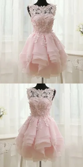 Pink Appliques Organza Tiered Short Homecoming Dress, Simple Homecoming Dresses