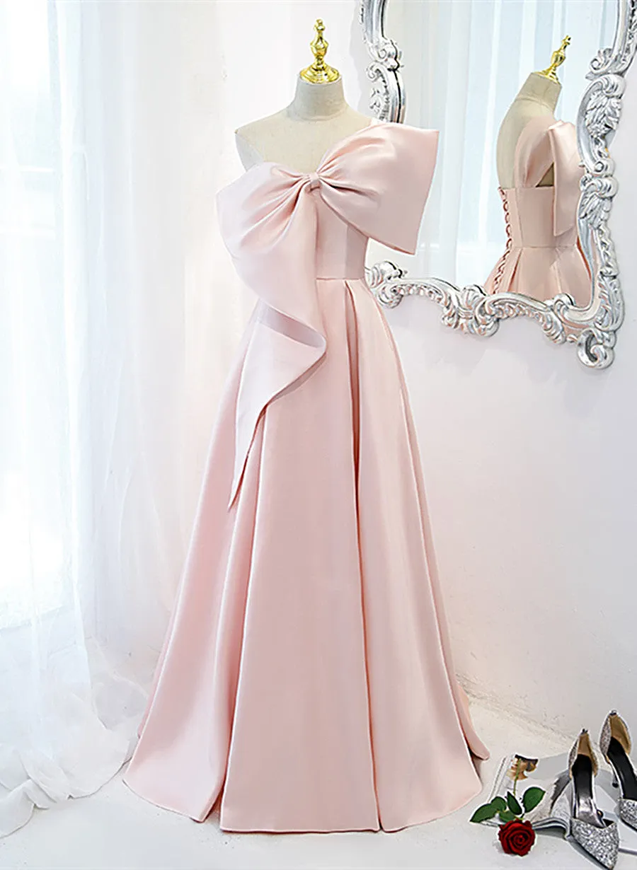 Pink Satin A-line Party Dress with Bow, One Shoulder Pink Prom Dress