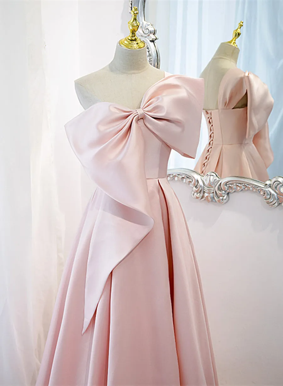 Pink Satin A-line Party Dress with Bow, One Shoulder Pink Prom Dress