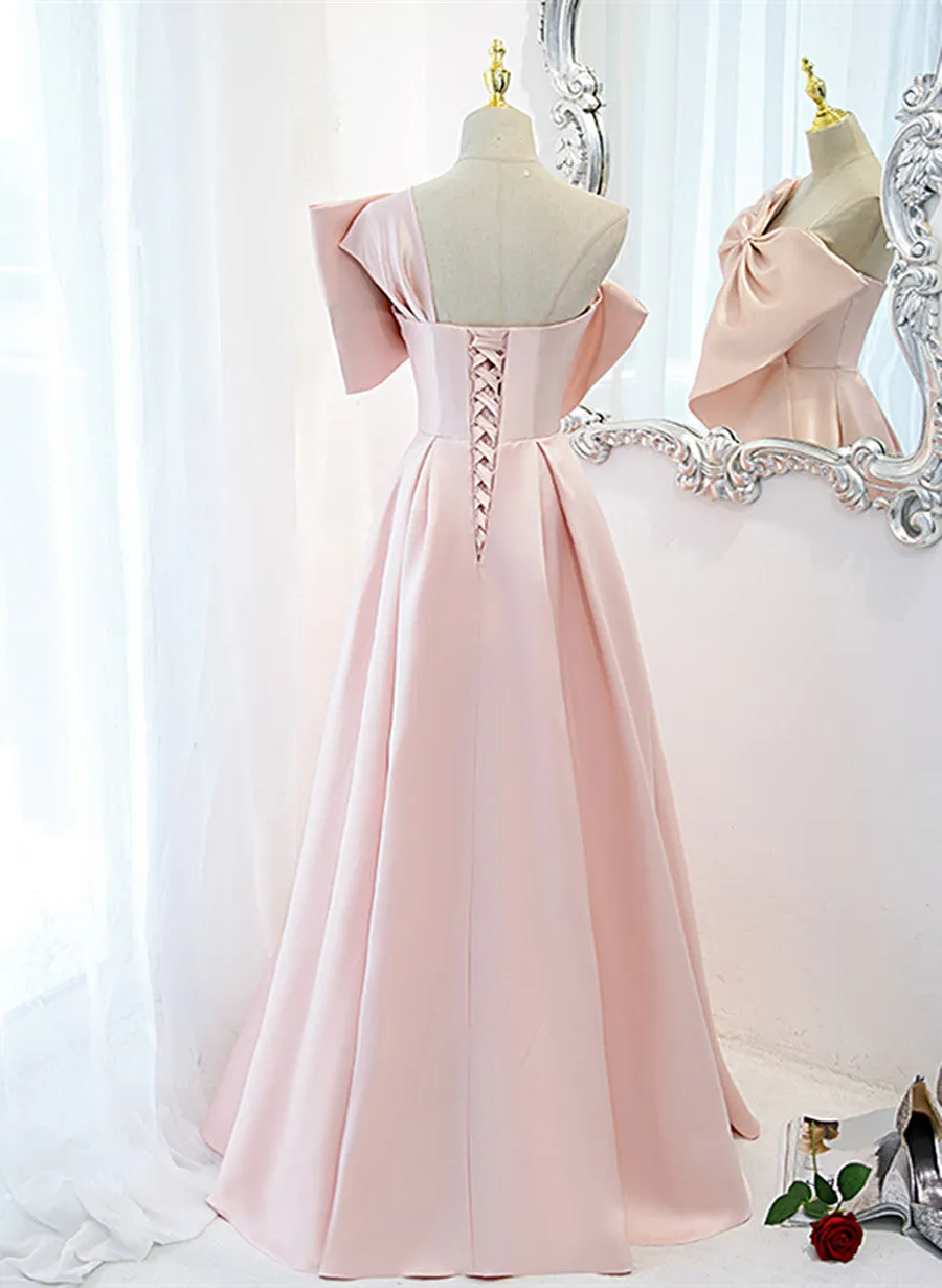 Pink Satin A-line Party Dress with Bow, One Shoulder Pink Prom Dress