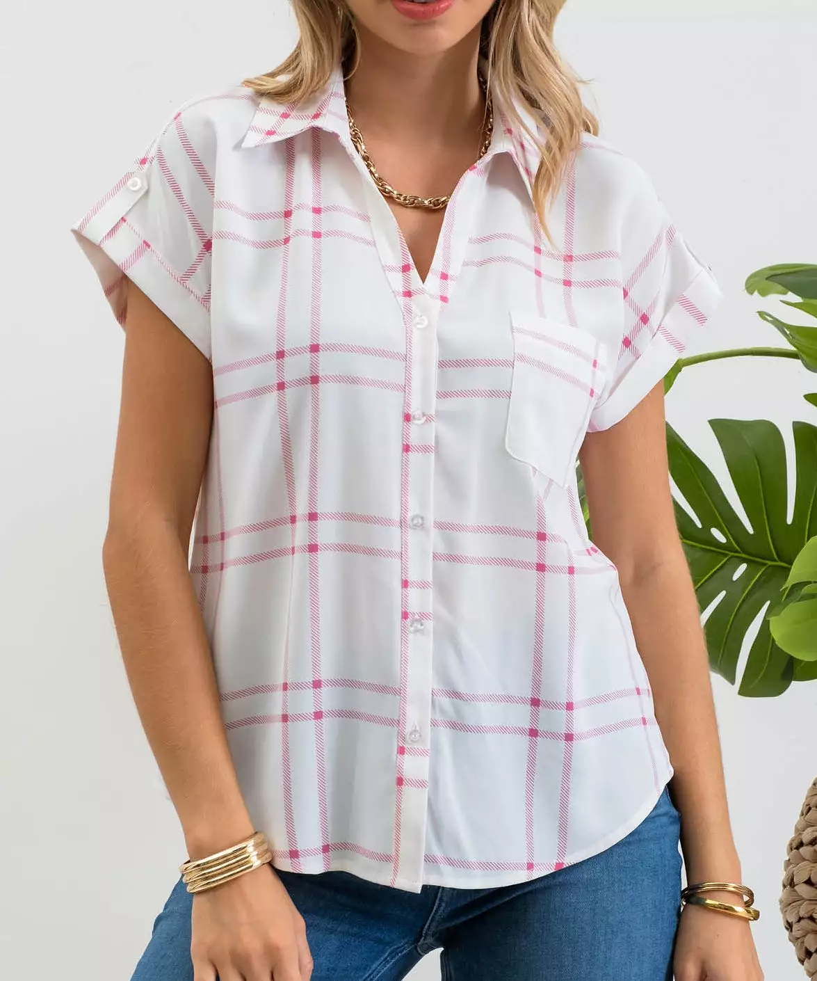 Plaid Short Fold Sleeve Button Down Shirt - Pink