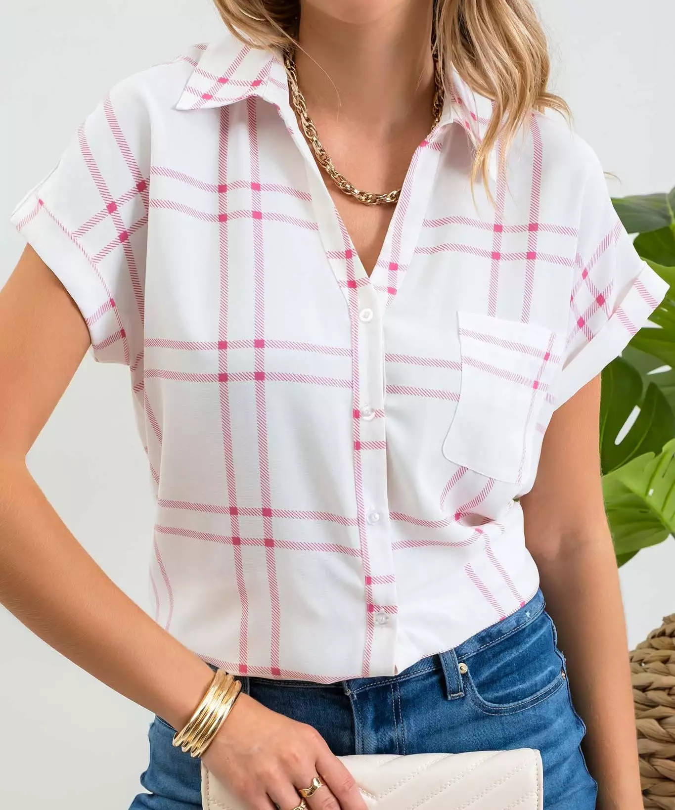 Plaid Short Fold Sleeve Button Down Shirt - Pink