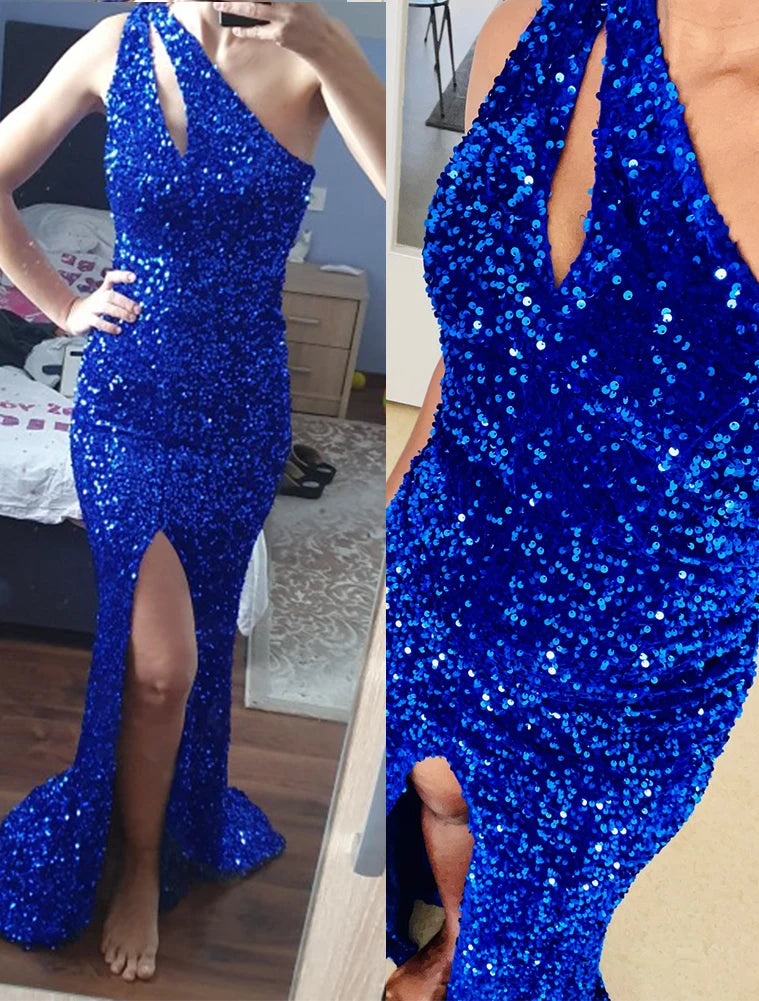 Prom Dress Sexy Cut Out Split Stretch Sequin Formal Party Dress