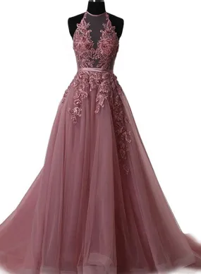 Prom Dresses , Tulle Halter Floor Length Party Dresses, Formal Gowns