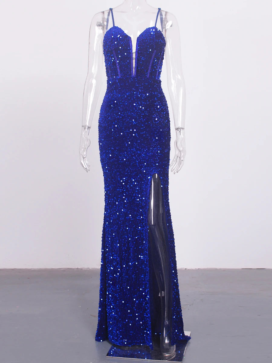 Prom Sequin Maxi Dress Deep V Neck Open Back Wedding Party Gown 2024 Event Dresses