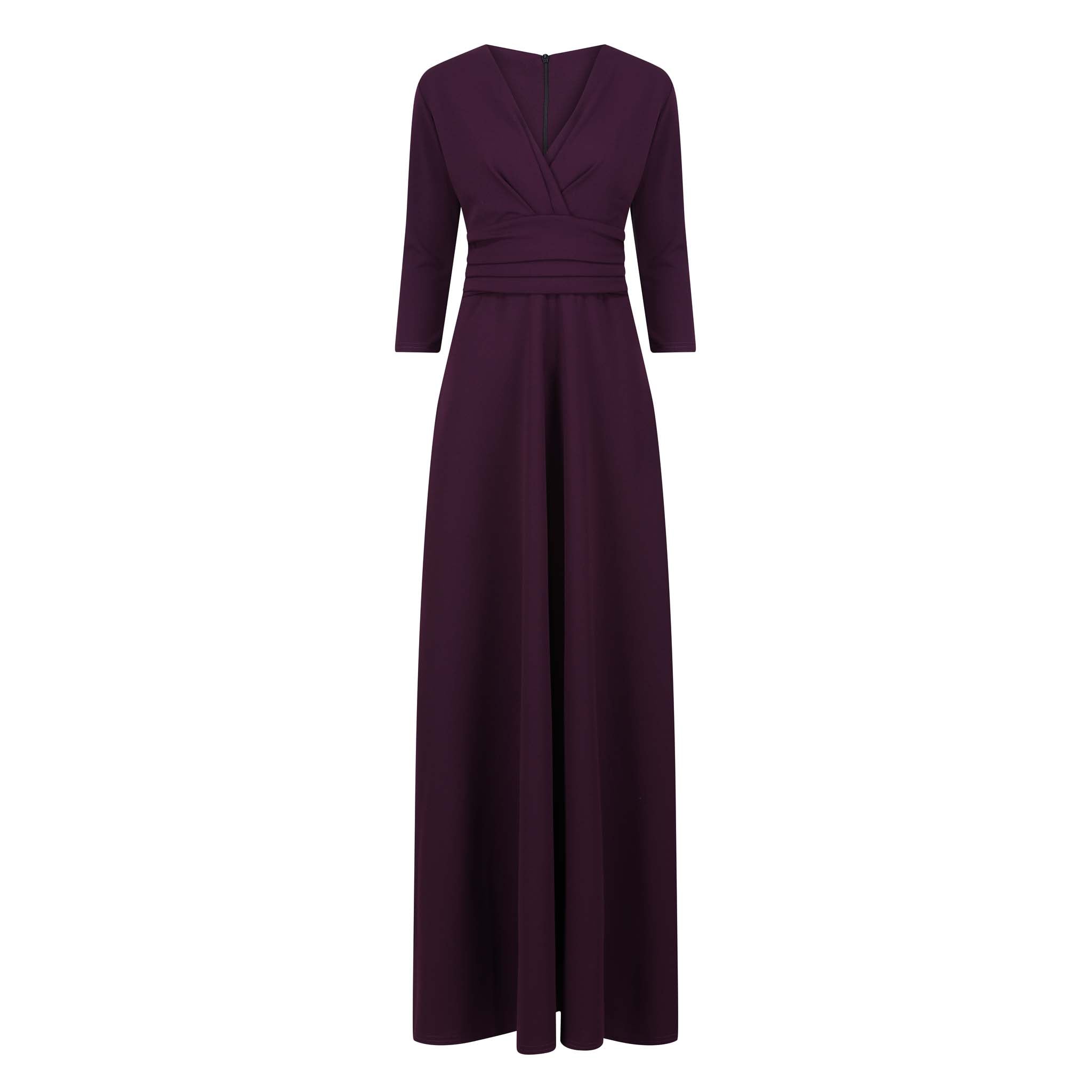 Purple Aubergine V Neck 3/4 Sleeve Maxi Dress