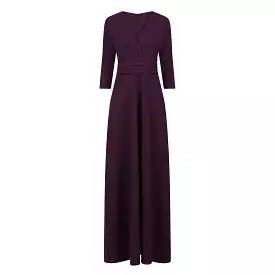 Purple Aubergine V Neck 3/4 Sleeve Maxi Dress