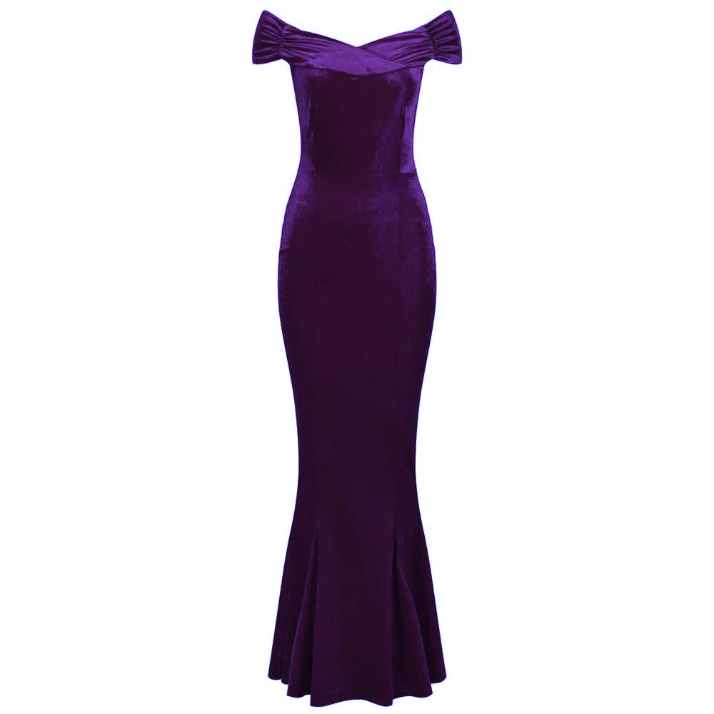 Purple Cap Sleeve Crossover Bust Fishtail Hem Velour Maxi Dress