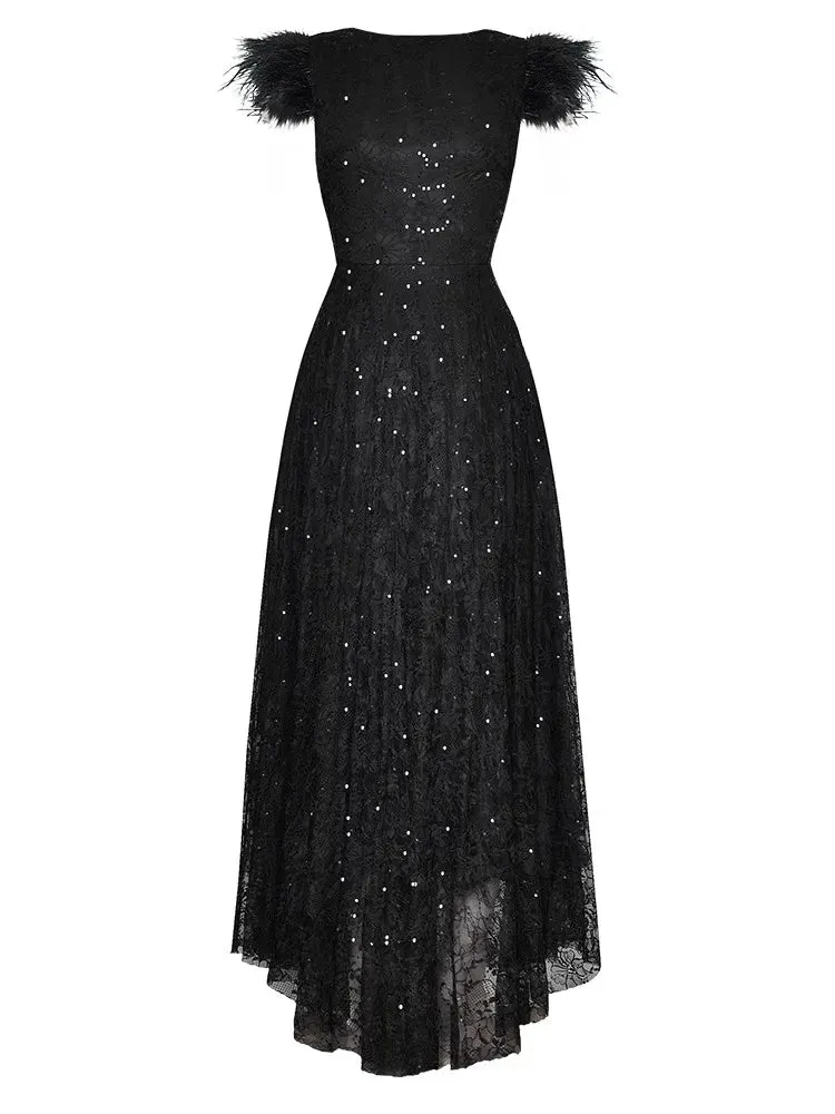 Queen O-Neck Feathers Flying Sleeve Elegant Party Black Dress