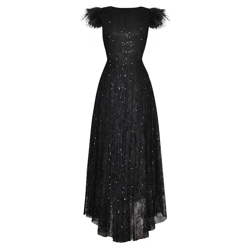 Queen O-Neck Feathers Flying Sleeve Elegant Party Black Dress