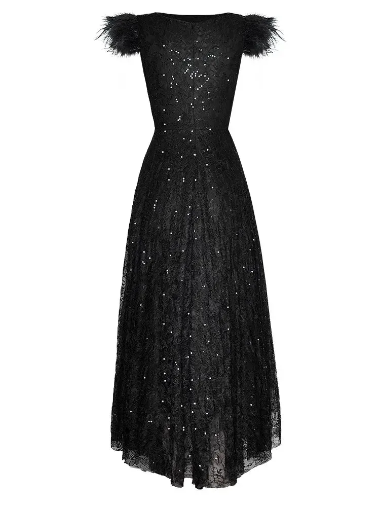 Queen O-Neck Feathers Flying Sleeve Elegant Party Black Dress