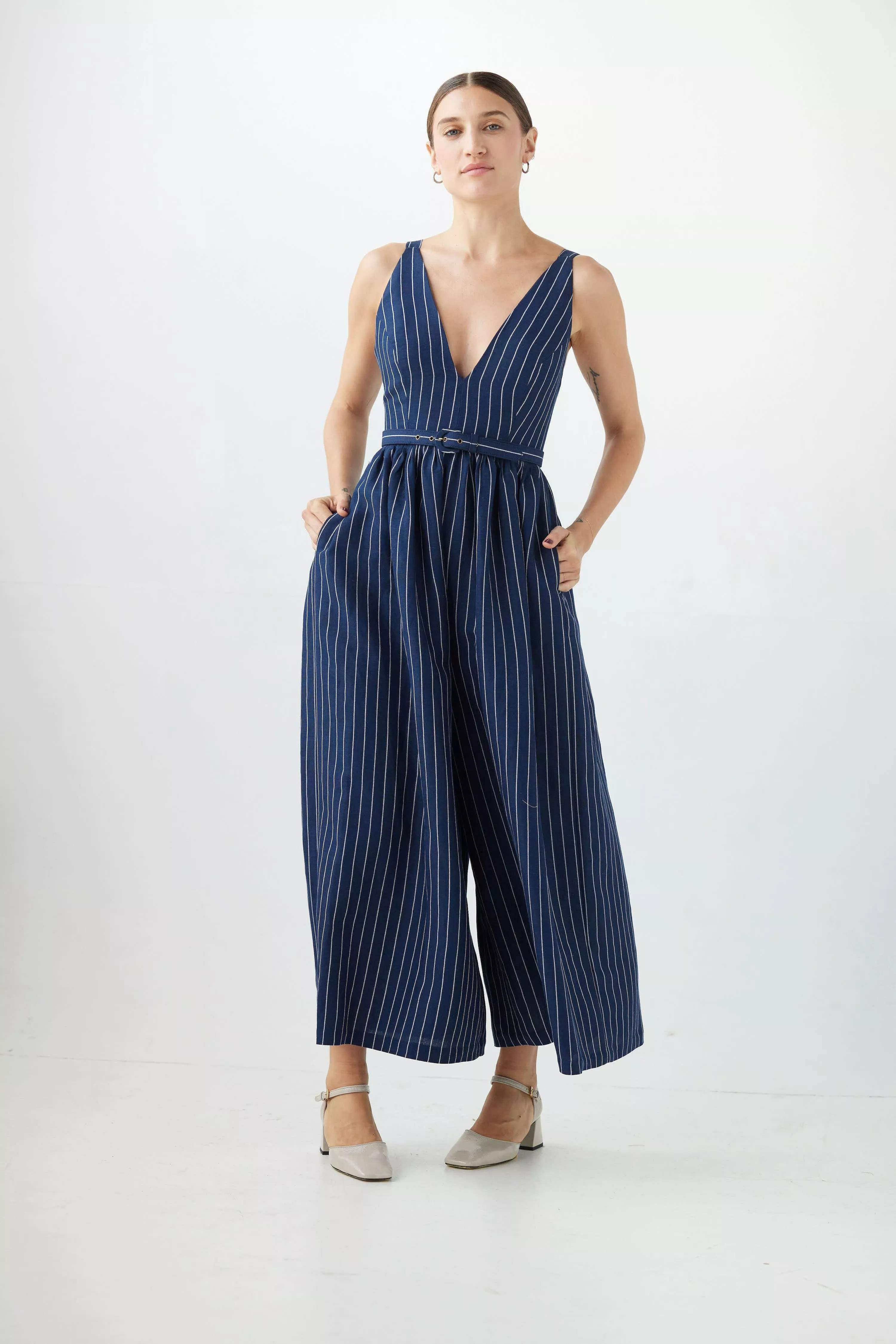 Quynh Jumpsuit in Linen Midnight Stripe