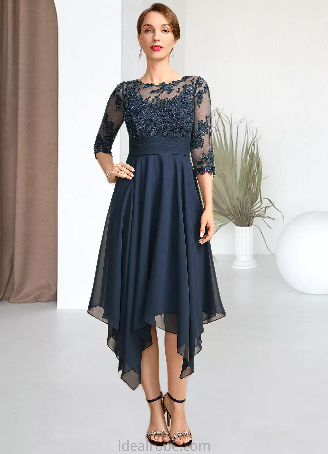 Rachael A-line Scoop Illusion Tea-Length Chiffon Lace Mother of the Bride Dress With Sequins STKP0021704