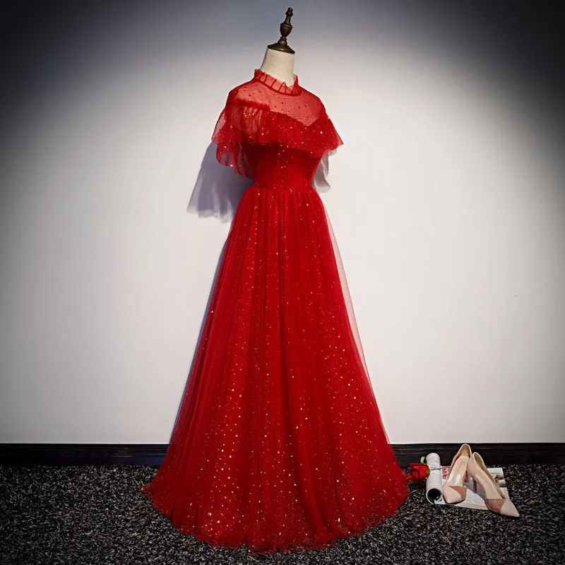 Red Sequins Tulle High Neckline Long Shiny Prom Dress, Red Long Evening Dress Party Dress