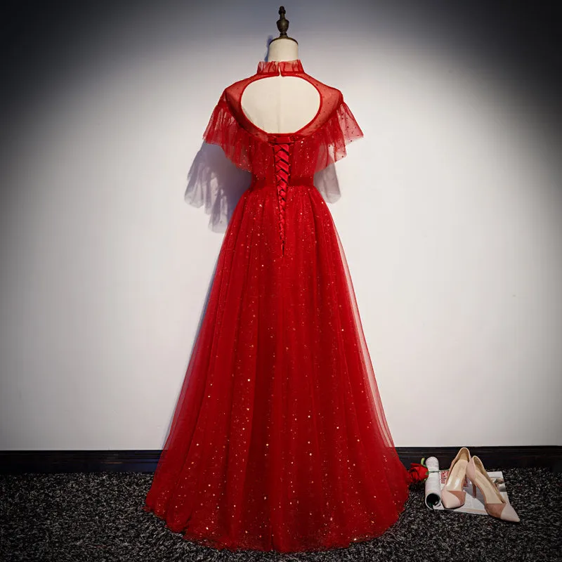 Red Sequins Tulle High Neckline Long Shiny Prom Dress, Red Long Evening Dress Party Dress