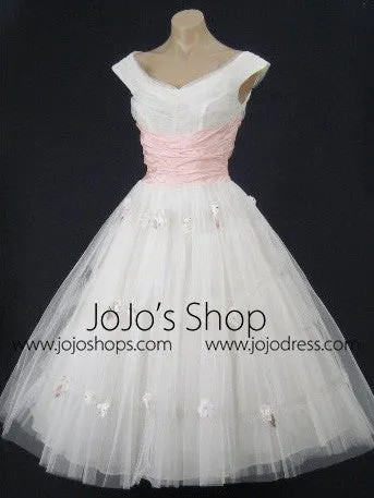 Retro Vintage Style 50s White and Pink Tea Length Wedding Prom Party Dress | DV1004