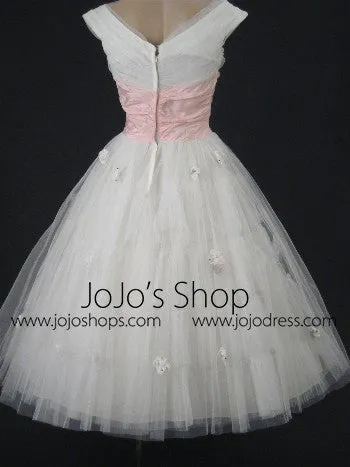 Retro Vintage Style 50s White and Pink Tea Length Wedding Prom Party Dress | DV1004