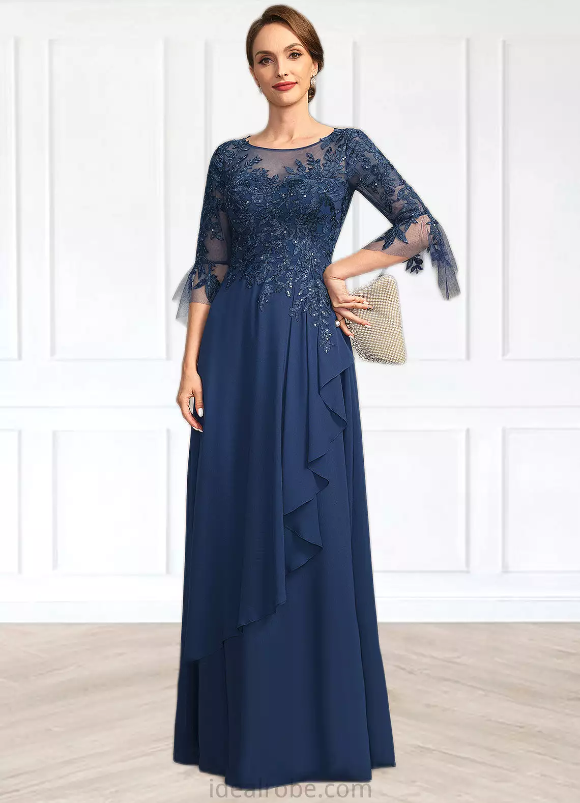 Rosemary A-line Scoop Illusion Floor-Length Chiffon Lace Mother of the Bride Dress With Cascading Ruffles Sequins STKP0021671