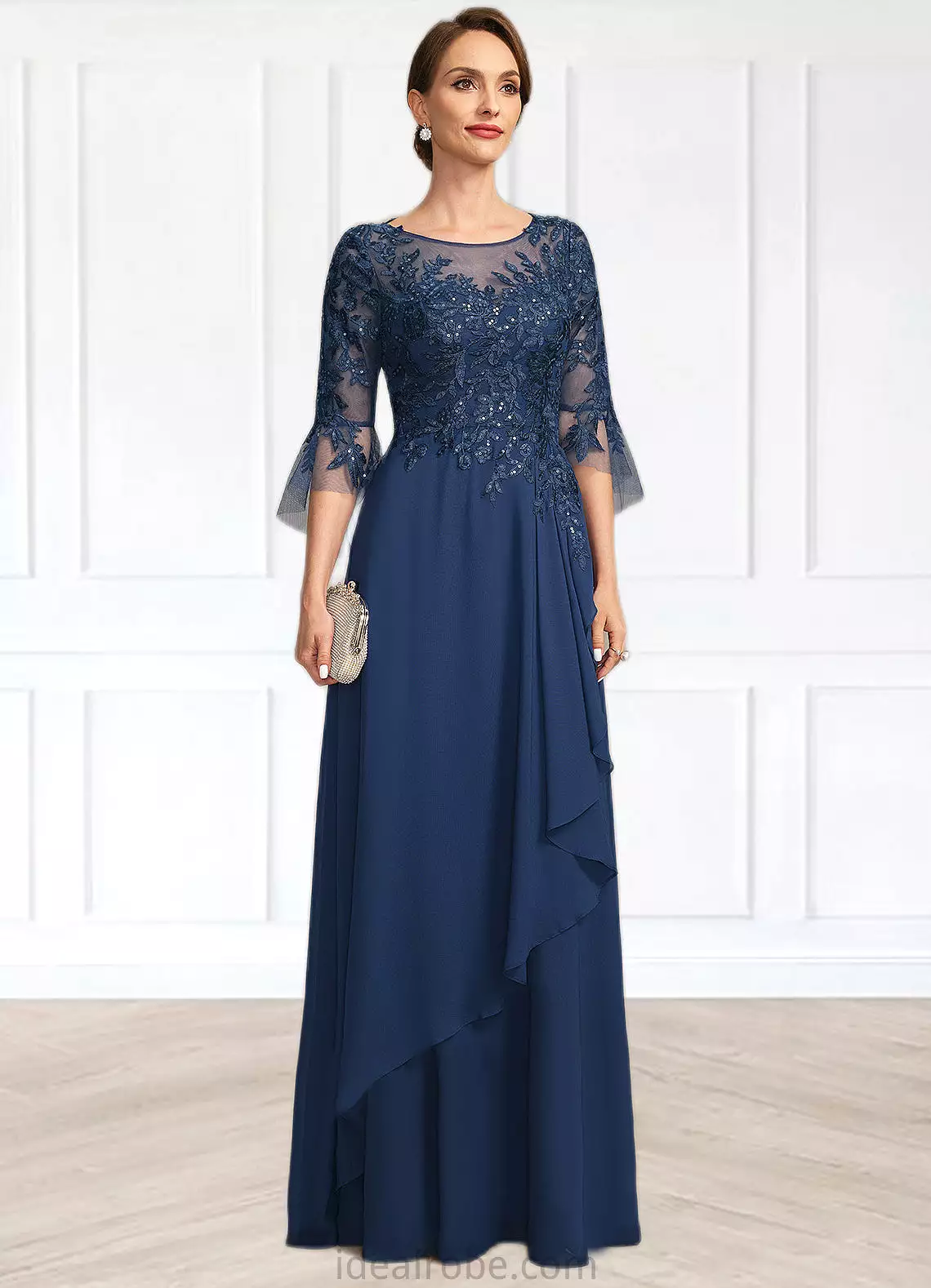 Rosemary A-line Scoop Illusion Floor-Length Chiffon Lace Mother of the Bride Dress With Cascading Ruffles Sequins STKP0021671