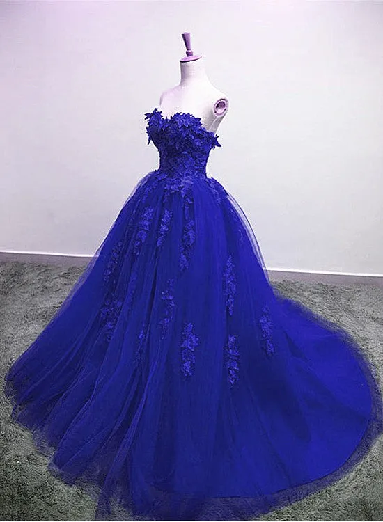 Royal Blue Tulle Strapless Ball Gown Long Prom Dress, Blue Party Dress