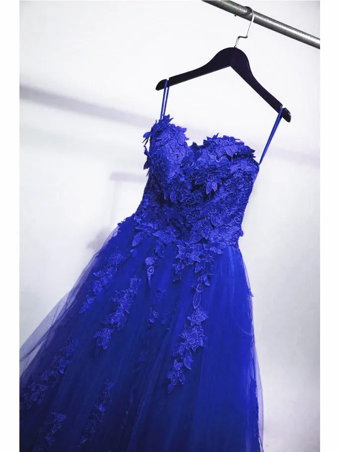 Royal Blue Tulle Strapless Ball Gown Long Prom Dress, Blue Party Dress