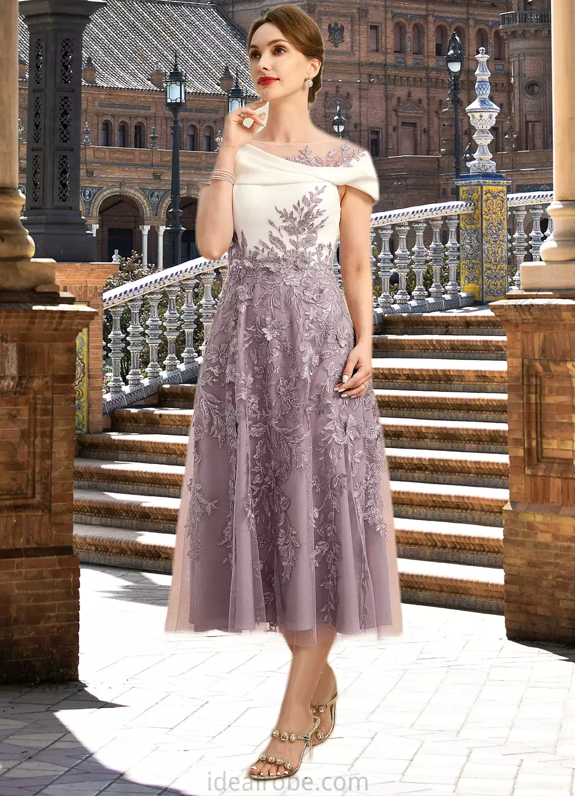 Ruth A-line Scoop Tea-Length Chiffon Lace Mother of the Bride Dress With Sequins STKP0021773