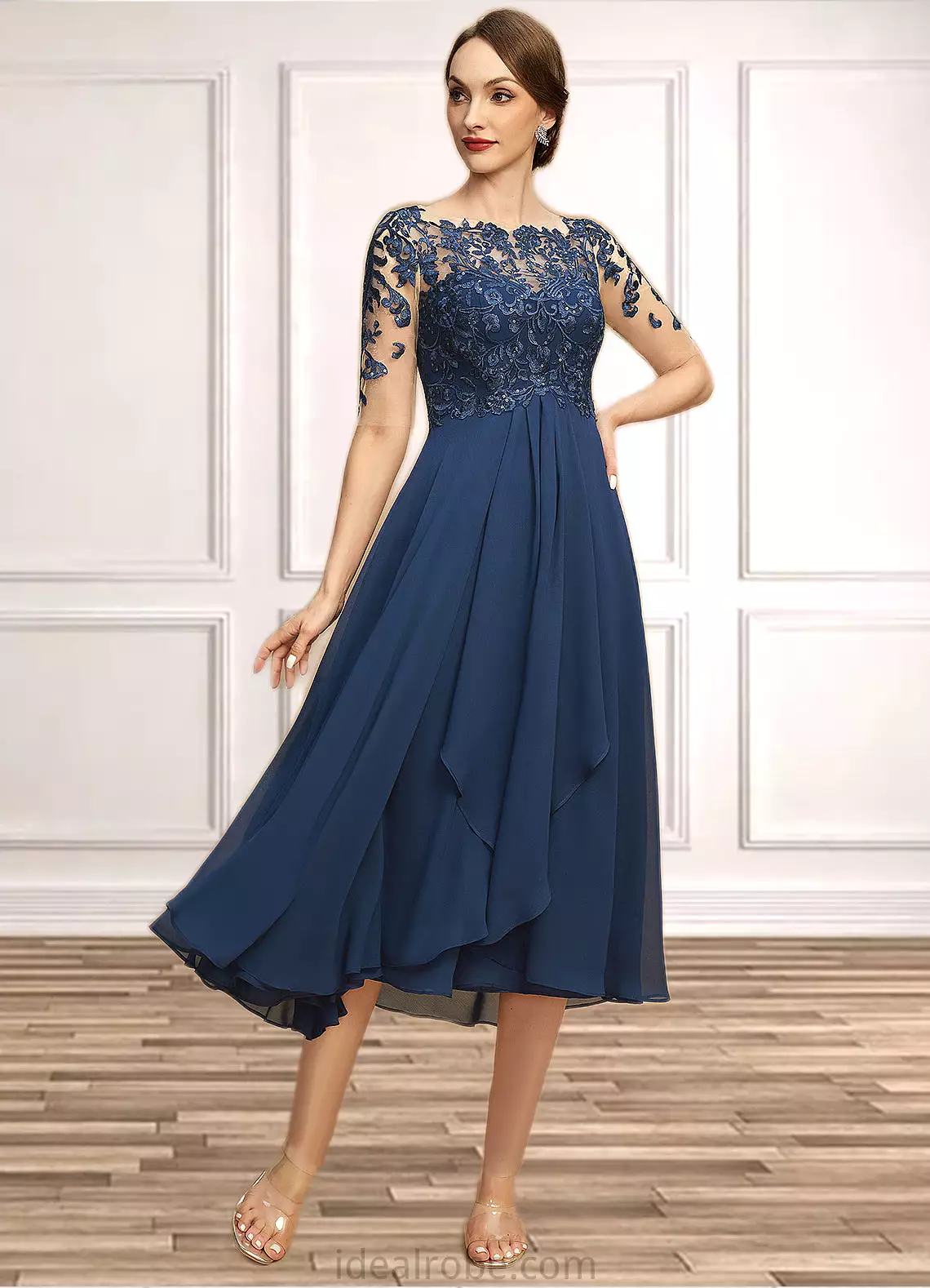 Saniya A-line Boat Neck Illusion Tea-Length Chiffon Lace Mother of the Bride Dress With Cascading Ruffles Sequins STKP0021702