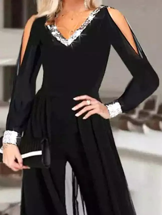 Sequin V-Neck Jumpsuits for Women: Elegant Black Formal Party Wear