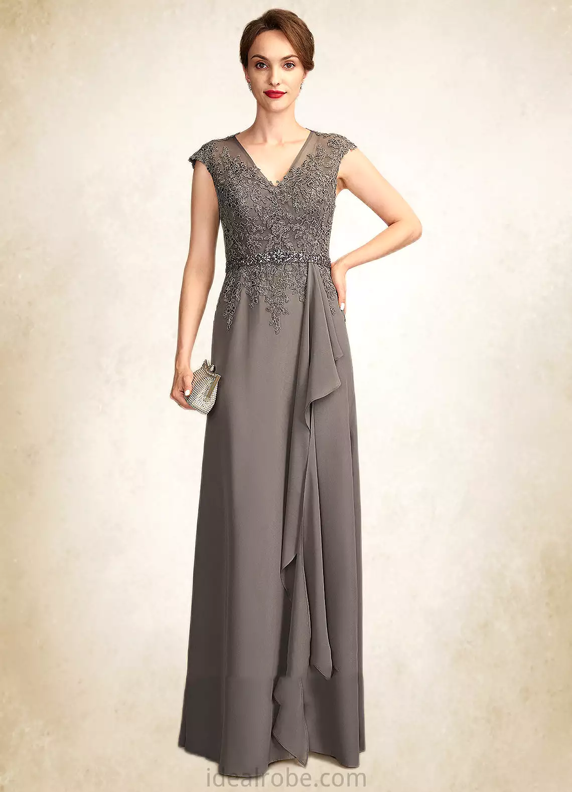 Shania A-Line V-neck Floor-Length Chiffon Lace Mother of the Bride Dress With Beading Sequins Cascading Ruffles STK126P0015030