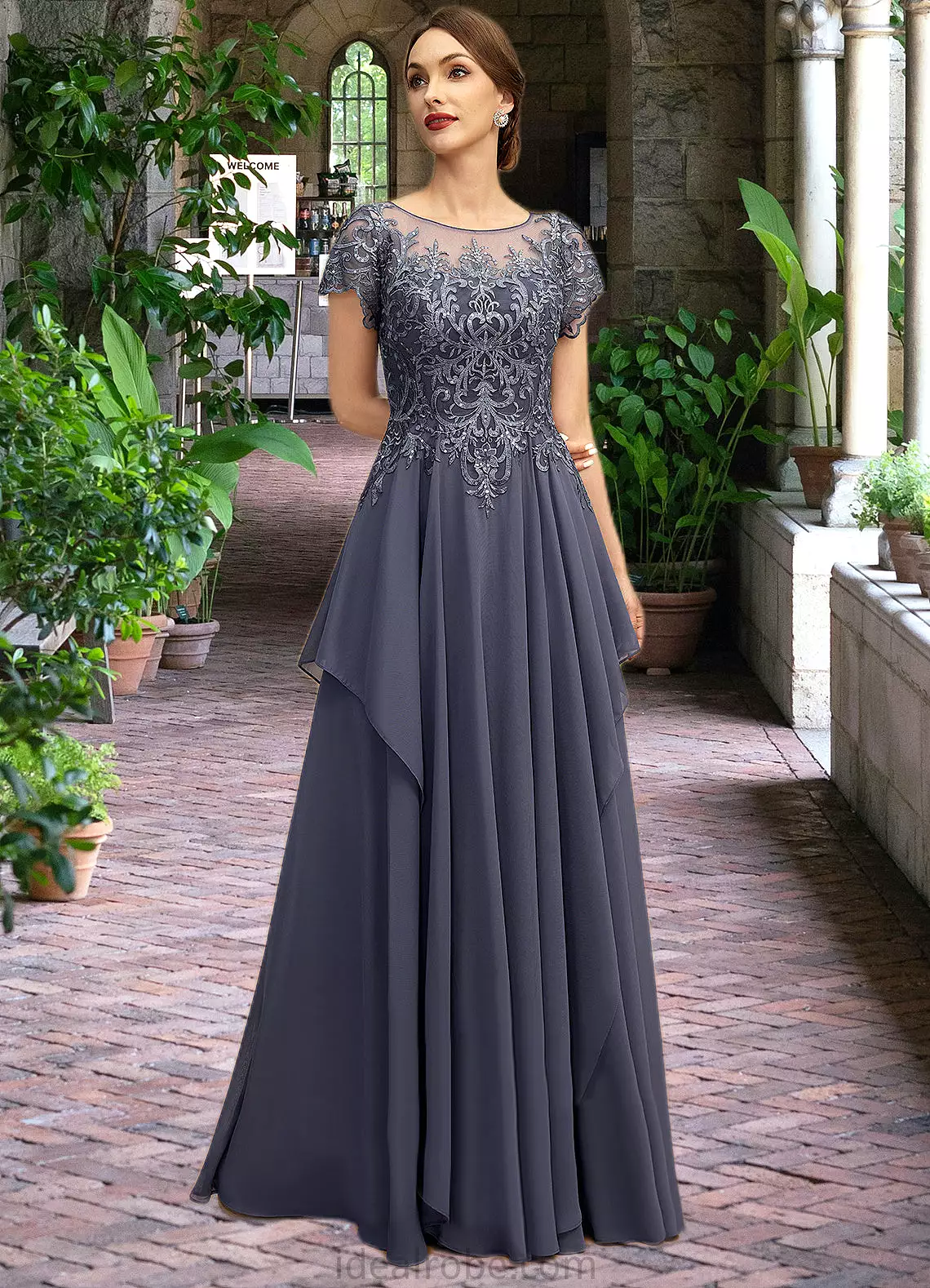 Sherlyn A-line Scoop Illusion Floor-Length Chiffon Lace Mother of the Bride Dress With Cascading Ruffles Sequins STKP0021897