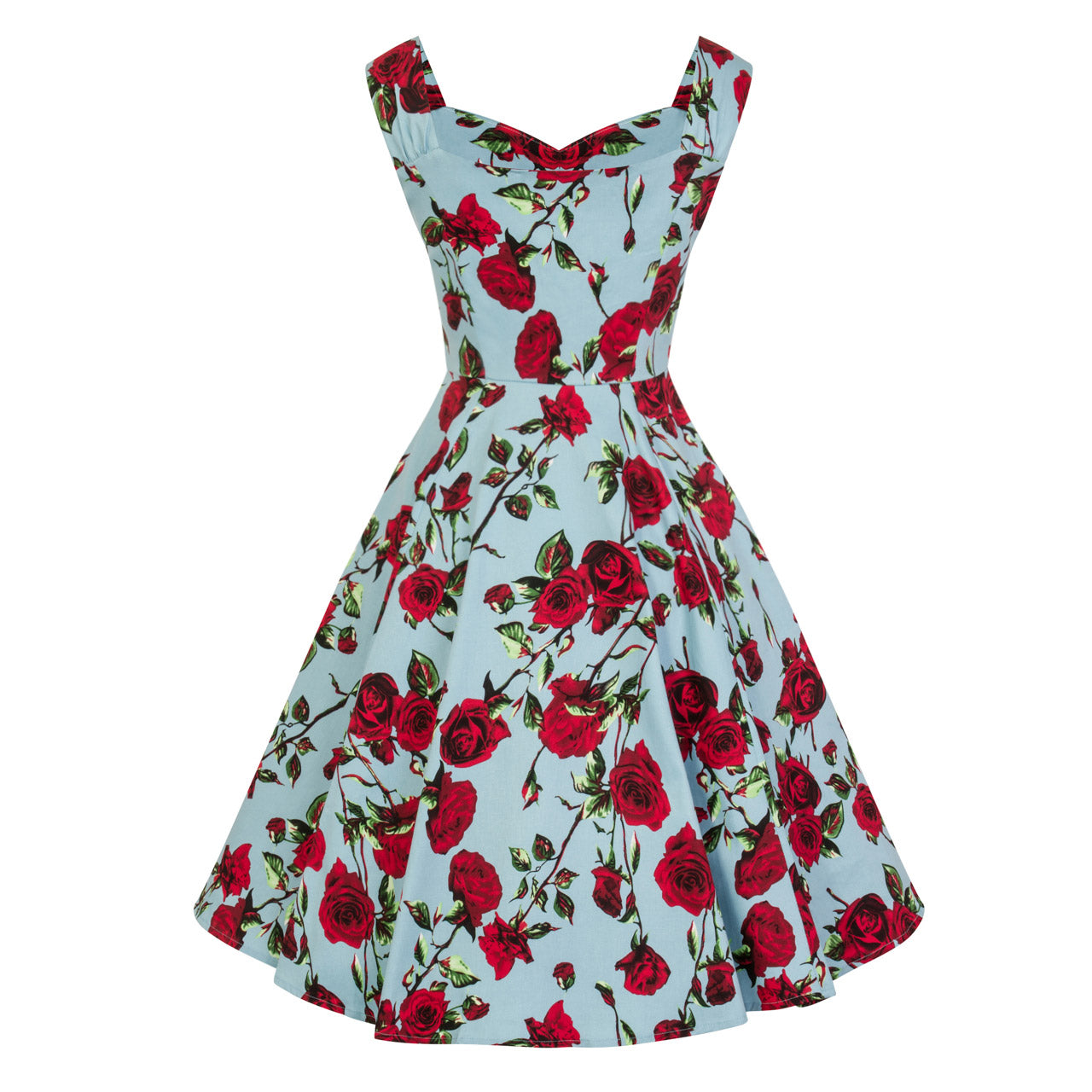 Sky Blue and Red Rose Floral Print Rockabilly 50s Swing Dress