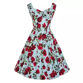 Sky Blue and Red Rose Floral Print Rockabilly 50s Swing Dress