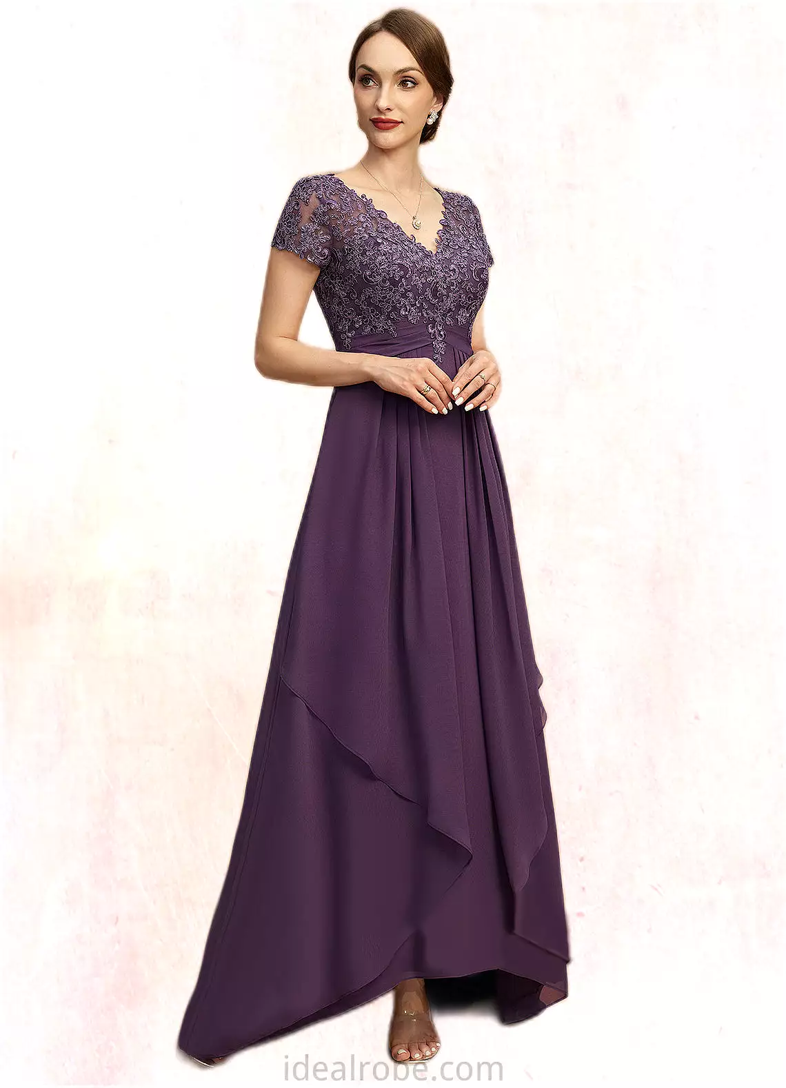 Sofia A-line V-Neck Asymmetrical Chiffon Lace Mother of the Bride Dress With Cascading Ruffles STKP0021899