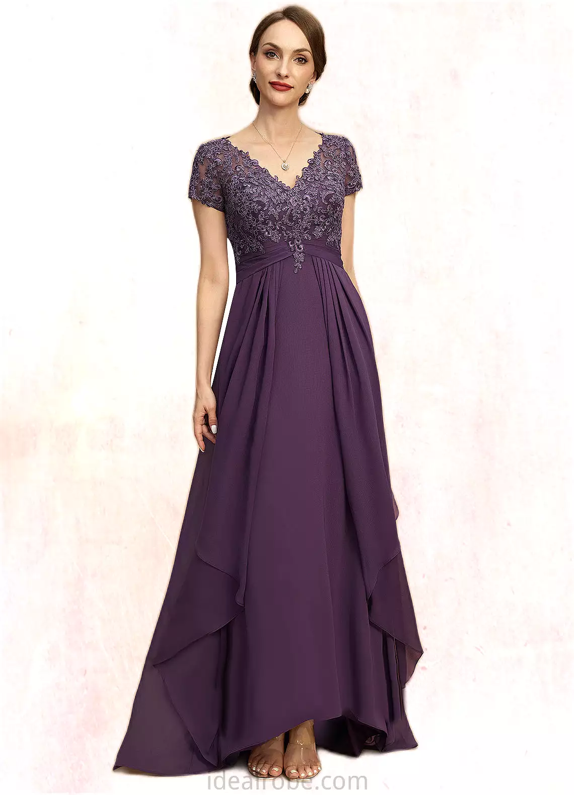 Sofia A-line V-Neck Asymmetrical Chiffon Lace Mother of the Bride Dress With Cascading Ruffles STKP0021899