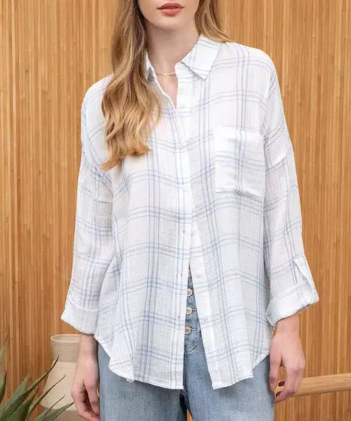 Soft Grid Button Down Top - Denim Blue