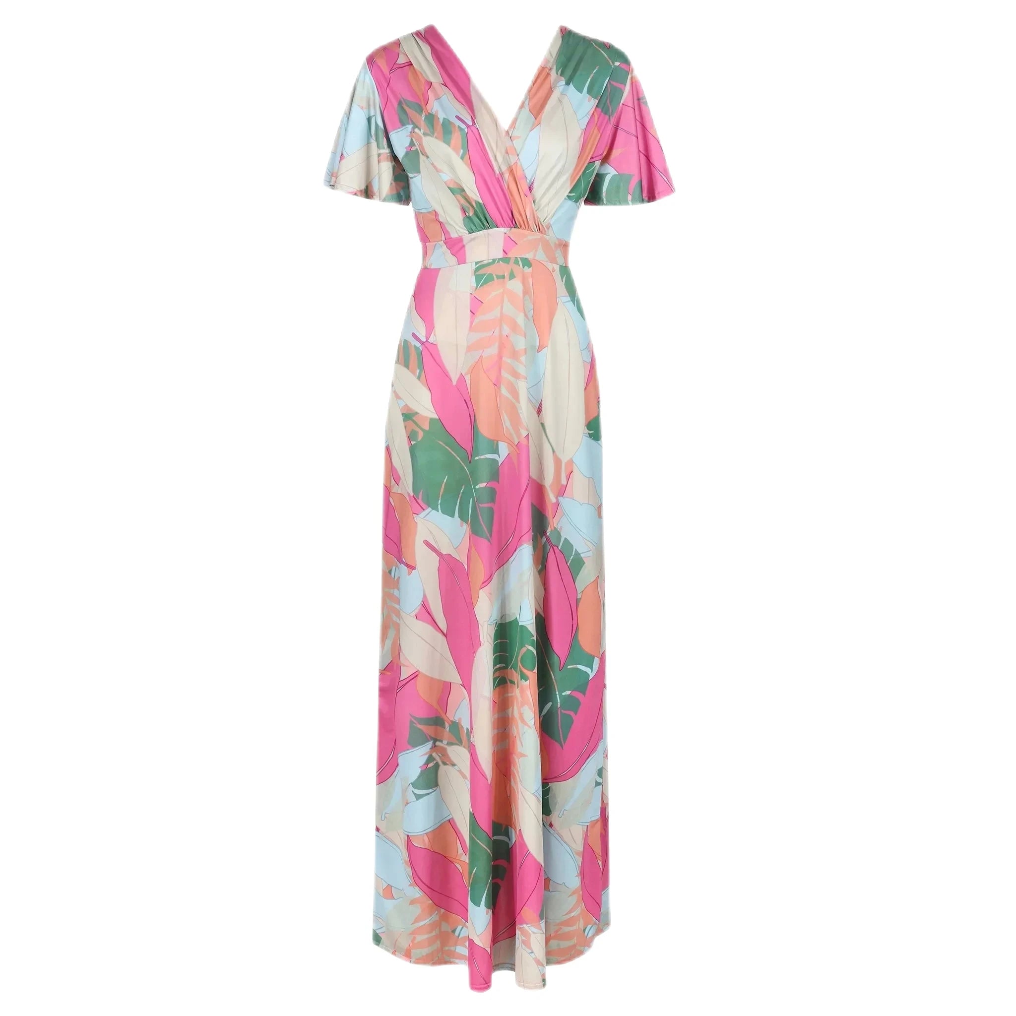 Summer Pastel Leaves Print Waterfall Sleeve Wrapover Maxi Dress